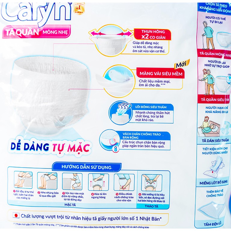 Tã quần người lớn Caryn mỏng nhẹ vòng bụng 60 x 85cm, size M8 (8 miếng)