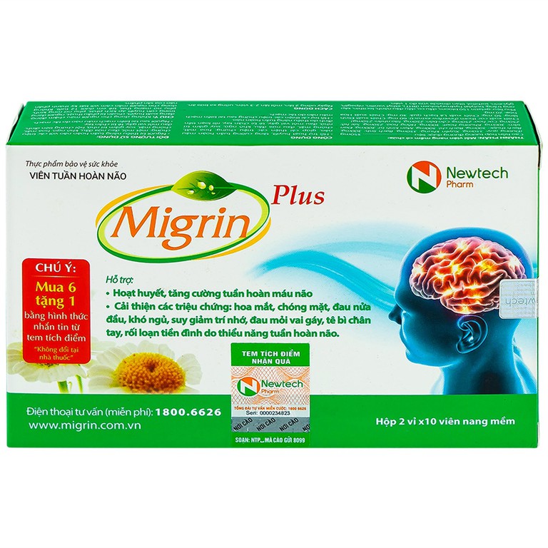 Viên uống Migrin Plus CVI Pharma hỗ trợ hoạt huyết, tăng cường tuần hoàn máu não (2 vỉ x 10 viên)