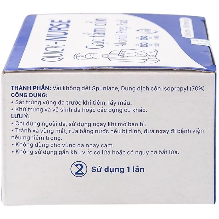 Gạc tẩm cồn 6cm x 6cm Quick - Nurse sát trùng da, khử trùng dụng cụ (100 miếng)