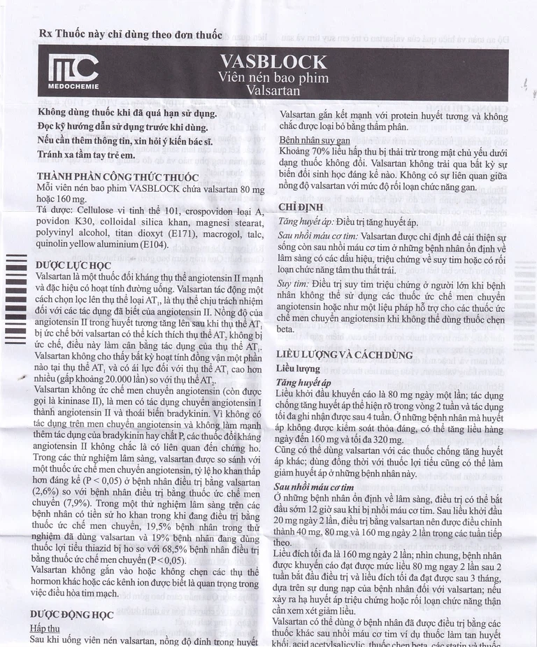 Thuốc Vasblock 80mg Medochemie điều trị tăng huyết áp, suy tim (3 vỉ x 10 viên)