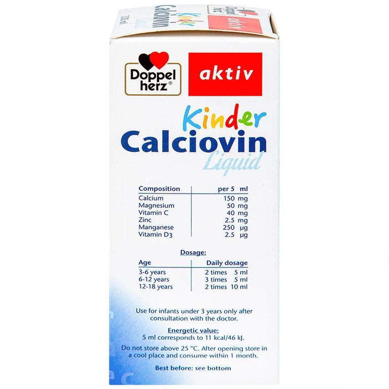 Dung dịch Kinder Calciovin Liquid Doppelherz Aktiv bổ sung canxi, magie và các vitamin (200ml)