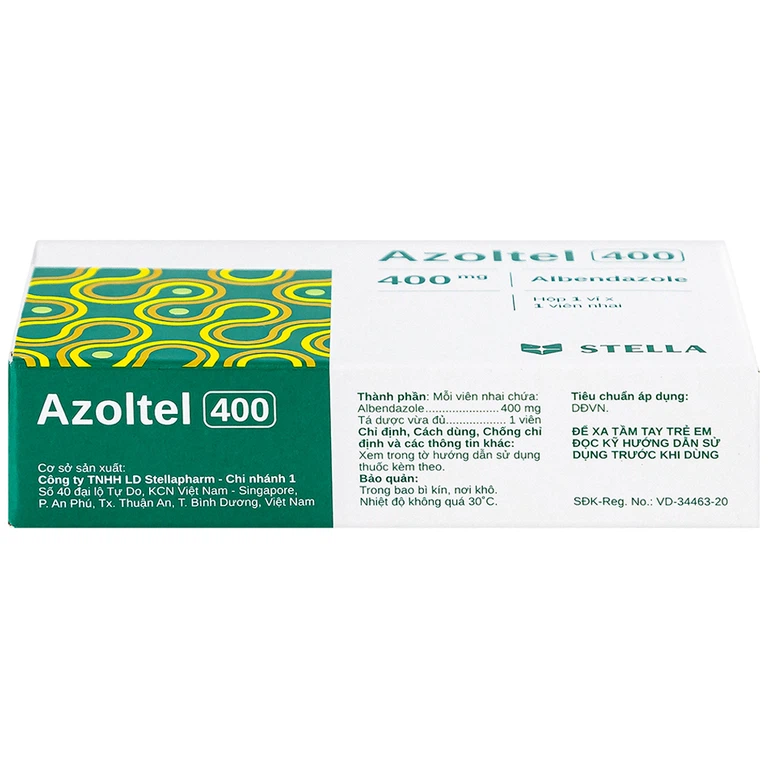 Thuốc Azoltel 400mg Stella điều trị nhiễm một hoặc nhiều loại ký sinh trùng đường ruột (1 viên)