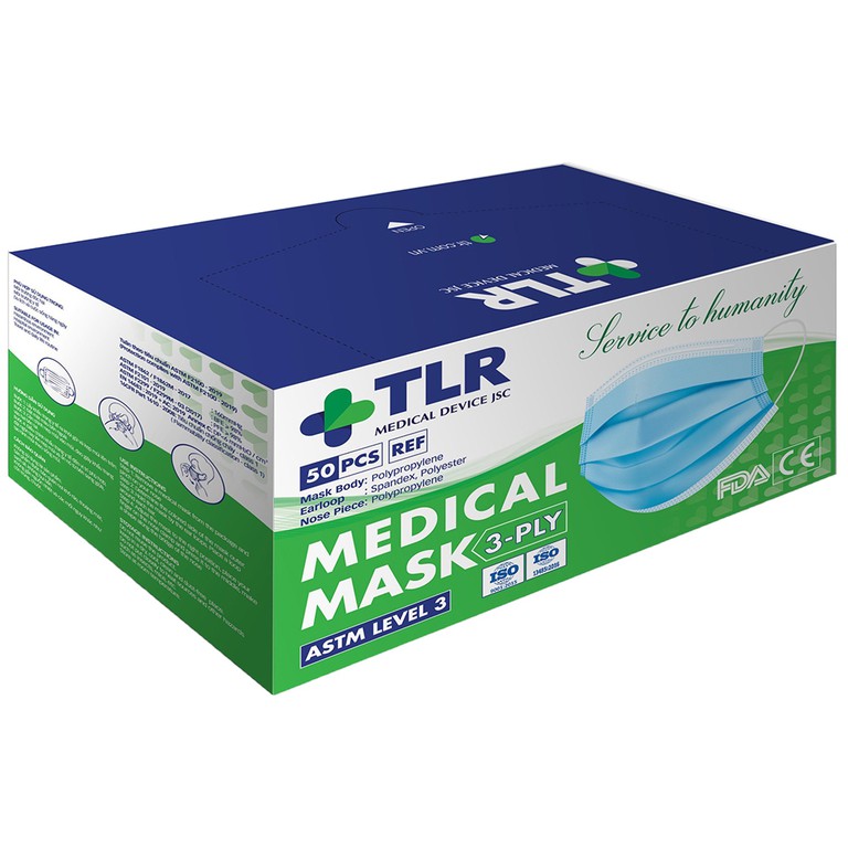 Khẩu trang y tế TLR màu xanh 3 lớp hỗ trợ ngăn khói, bụi, kháng khuẩn (50 cái)