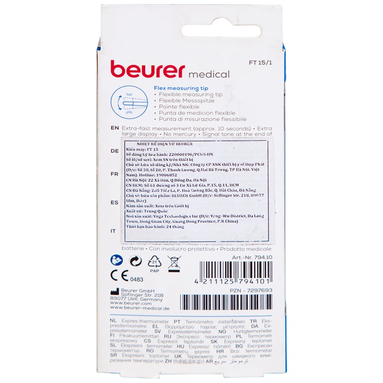 Nhiệt kế đầu mềm Beurer FT15 đo nhiệt độ nhanh trong khoảng 10 giây