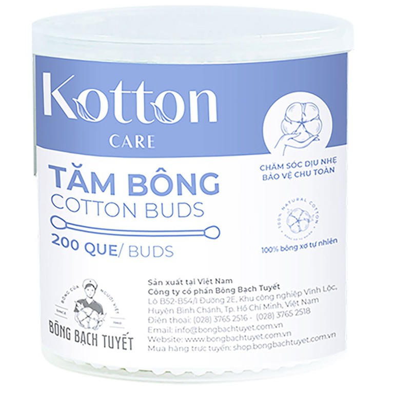 Tăm bông Kotton Care Cotton Buds Bạch Tuyết hộp tròn vệ sinh tai, mũi (200 que)