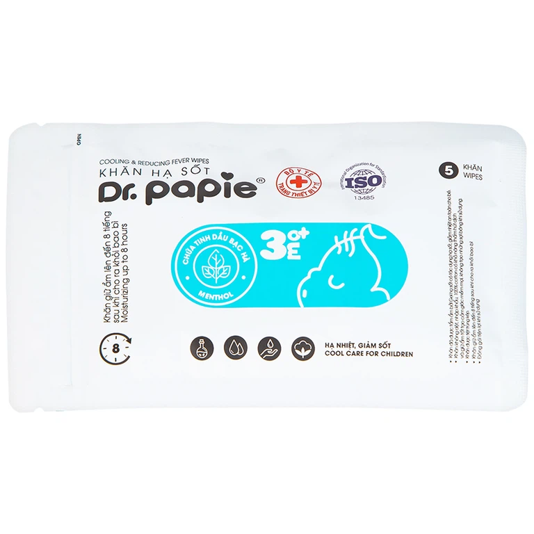 Khăn hạ sốt Dr.Papie 3M0+ hỗ trợ hạ nhiệt giảm sốt (5 túi x 5 khăn)