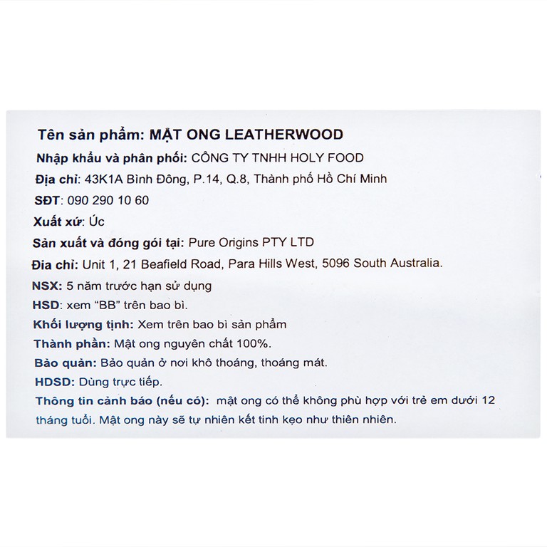 Mật ong nguyên chất Leatherwood Pure Origins chống oxy hóa, tốt cho cơ thể (500g)