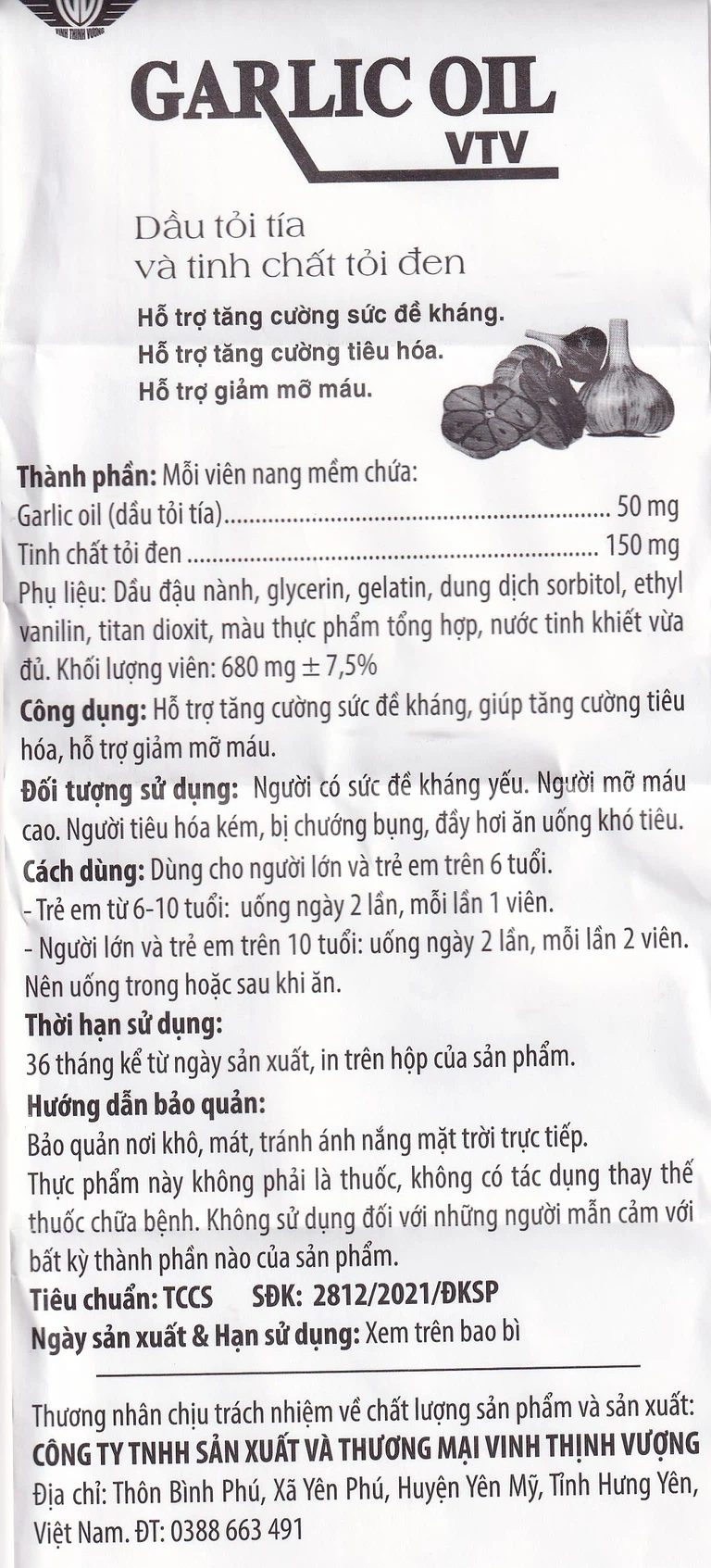 Viên dầu tỏi đen Garlics Oil VTV hỗ trợ tăng cường sức đề kháng (60 viên)