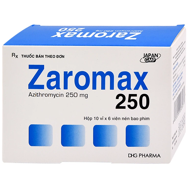 Thuốc Zaromax 250 DHG điều trị nhiễm khuẩn đường hô hấp dưới, viêm phế quản (10 vỉ x 6 viên)