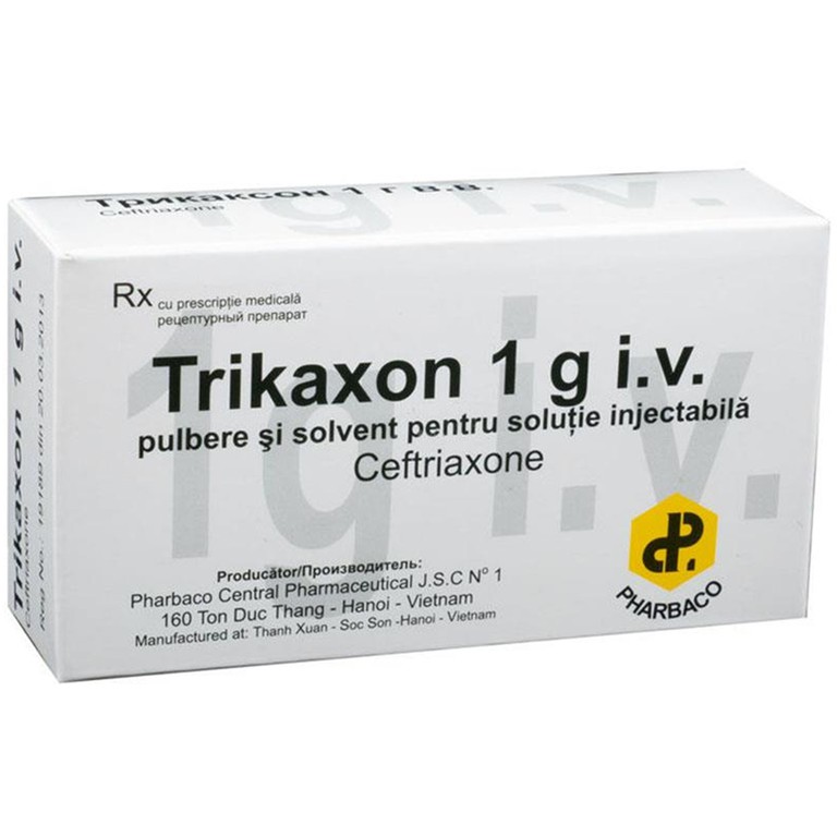 Bột pha tiêm Trikaxon 1 g i.v. Ceftriaxone Pharbaco điều trị các bệnh nhiễm khuẩn nặng (10 lọ)