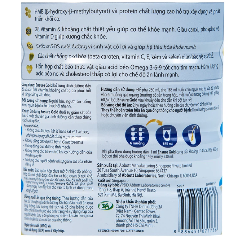 Sữa Abbott Ensure Gold hương vani ít ngọt bổ sung dinh dưỡng đầy đủ, vitamin (850g)