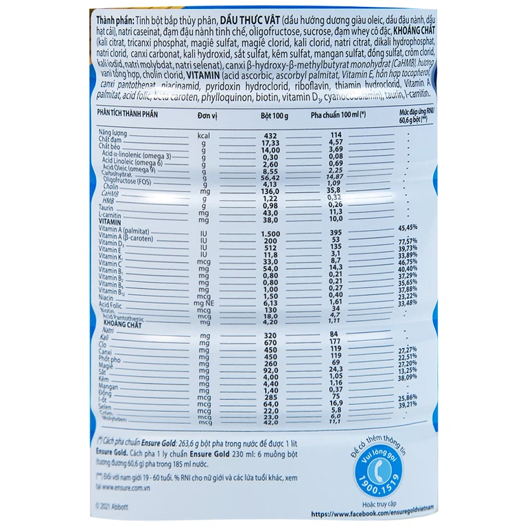 Sữa Abbott Ensure Gold hương vani ít ngọt bổ sung dinh dưỡng đầy đủ, vitamin (850g)