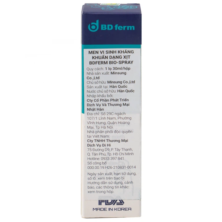 Men vi sinh kháng khuẩn dạng xịt BDFerm Bio - Spray 30ml ngăn ngừa các bệnh hô hấp