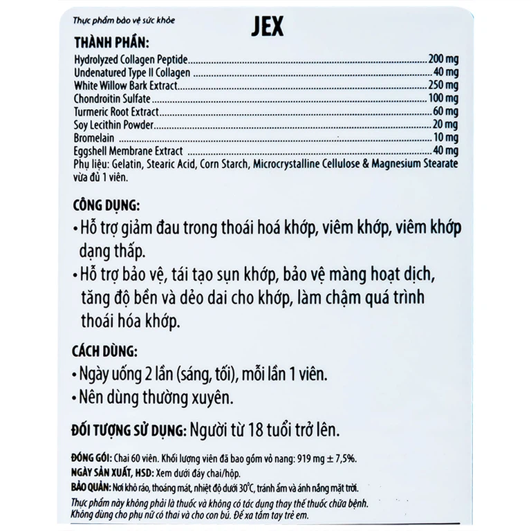 Viên uống Jex Ecogreen hỗ trợ giảm đau trong thoái hoá khớp, viêm khớp (60 viên)
