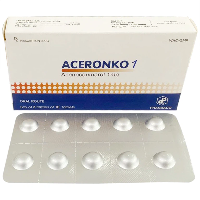 Thuốc Aceronko 1mg Pharbaco điều trị bệnh tim gây tắc mạch, nhồi máu cơ tim (3 vỉ x 10 viên)