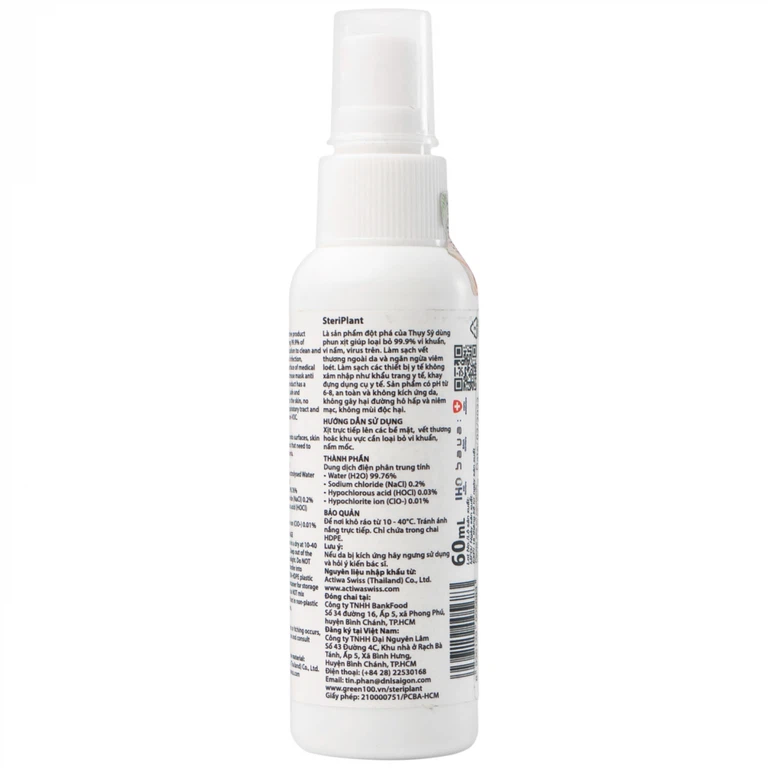 Nước xịt khuẩn Steriplant 60ml làm sạch vết thương ngoài da và ngăn ngừa viêm loét