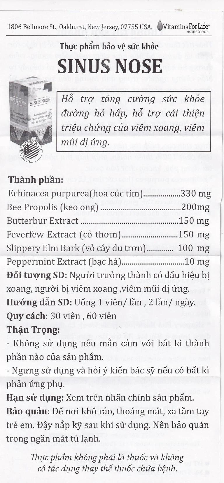 Viên uống Sinus Nose Vitamins For Life hỗ trợ tăng cường sức khỏe đường hô hấp (30 viên)