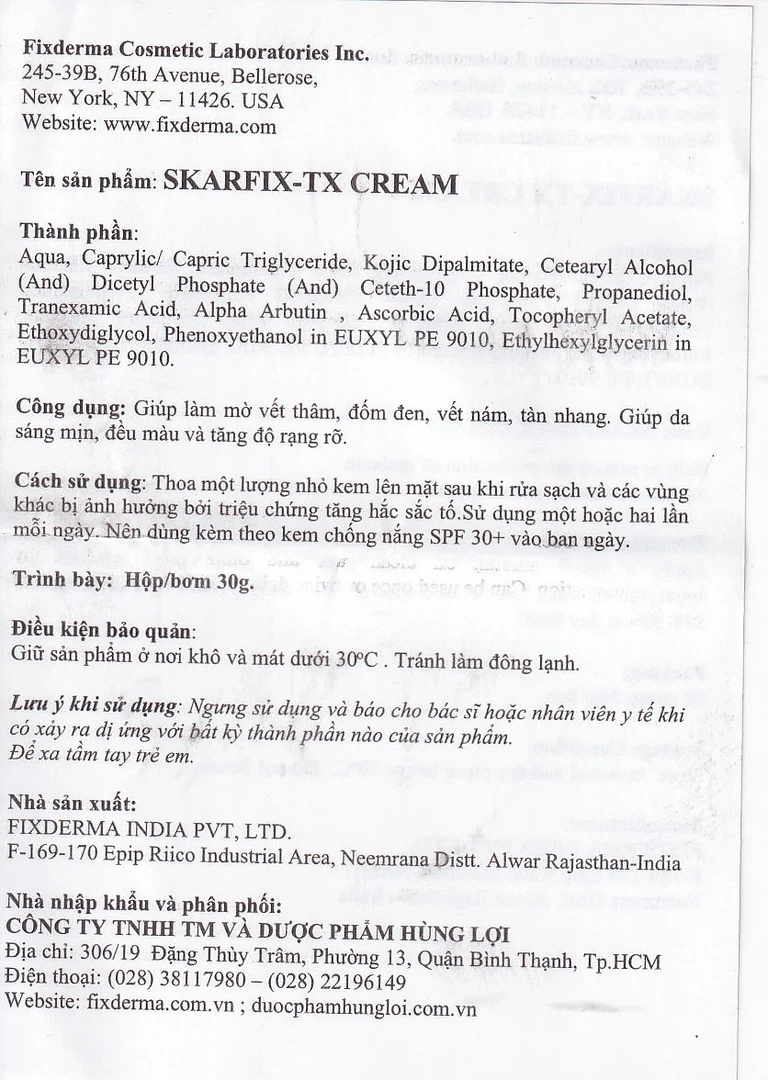 Kem Fixderma Skarfix-TX Cream hỗ trợ làm mờ vết thâm, đốm đen, nám (30g)