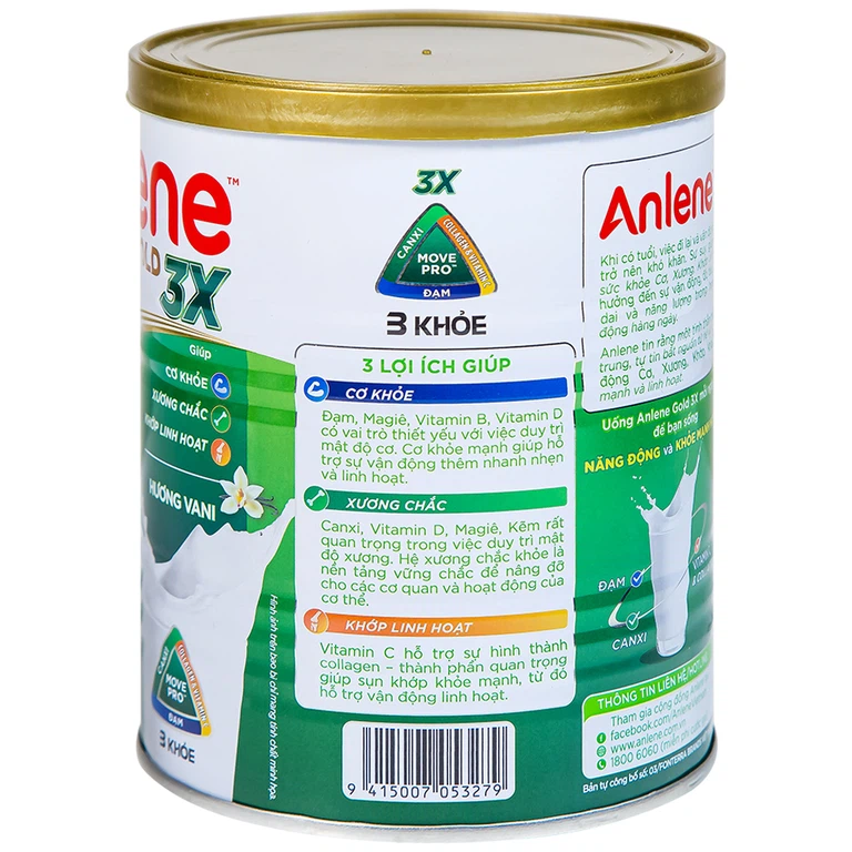 Sữa Anlene Gold 3X hương vani hỗ trợ cơ khỏe, xương chắc, khớp linh hoạt (400g)