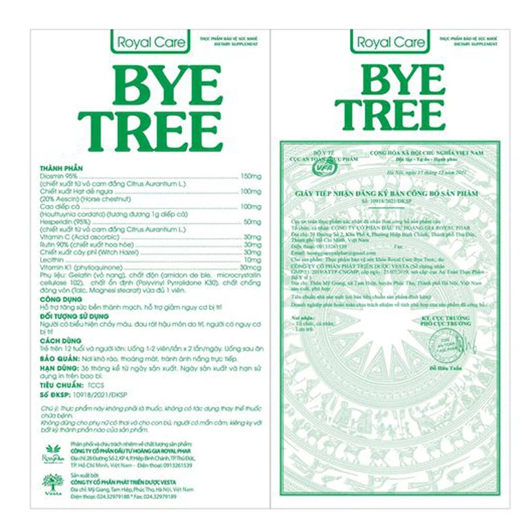 Viên uống Bye Tree Royal Care hỗ trợ tăng sức bền thành mạch, giảm nguy cơ bị trĩ (60 viên)