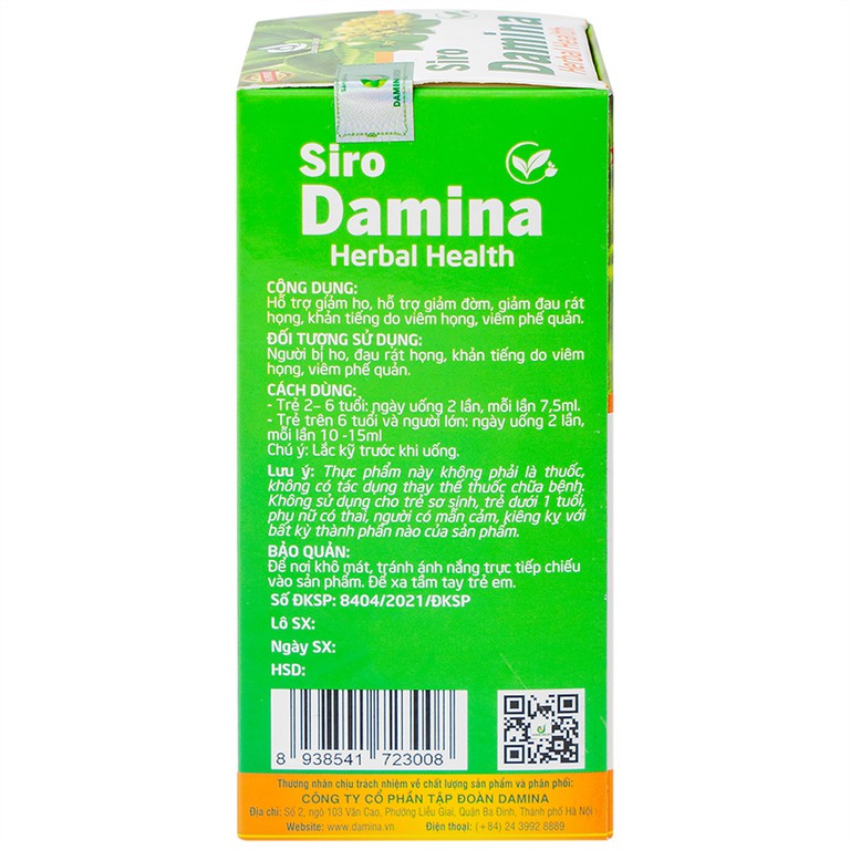 Siro Damina Herbal Health hỗ trợ giảm ho, giảm đờm, ngăn đau rát họng (100ml)
