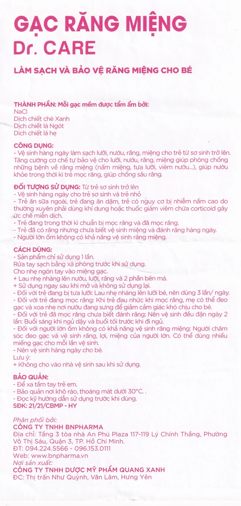 Gạc răng miệng Dr. Care Quang Xanh làm sạch lưỡi, nướu, răng, miệng cho trẻ từ sơ sinh trở lên (30 gói)