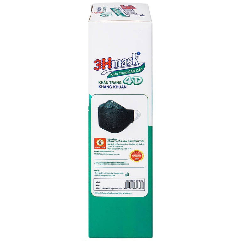 Khẩu trang y tế cao cấp 3Hmask Vĩnh Tiến 4D màu đen hỗ trợ ngăn khói, bụi, kháng khuẩn (20 cái)