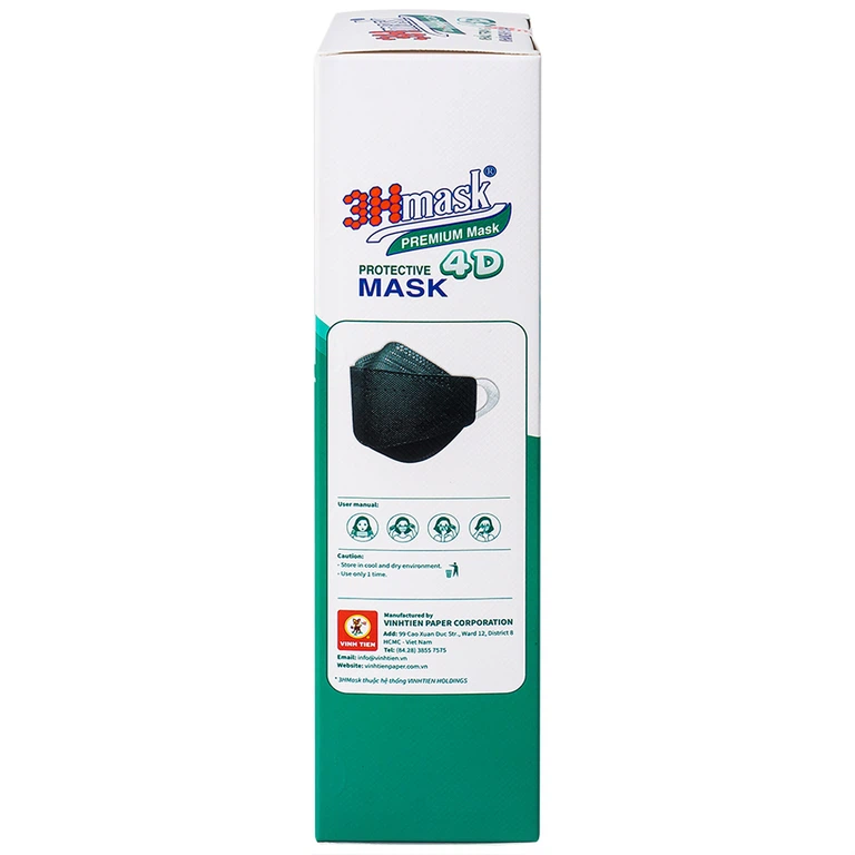 Khẩu trang y tế cao cấp 3Hmask Vĩnh Tiến 4D màu đen hỗ trợ ngăn khói, bụi, kháng khuẩn (20 cái)