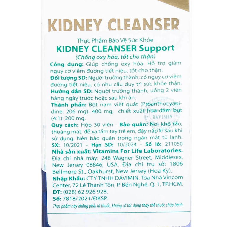 Viên uống Kidney Cleanser Support chống oxy hóa, giảm nguy cơ viêm đường tiết niệu (30 viên) 