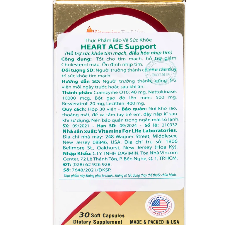 Viên uống Heart Ace Support Vitamins For Life hỗ trợ sức khỏe tim mạch, điều hòa nhịp tim (Hộp 30 viên)