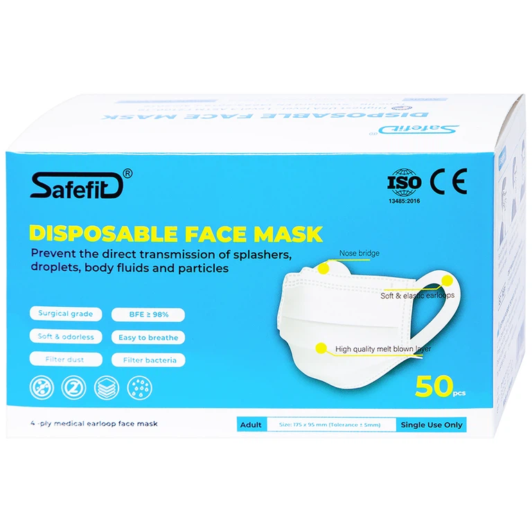 Khẩu trang y tế Safefit màu trắng 4 lớp hỗ trợ ngăn khói, bụi, kháng khuẩn (50 cái)