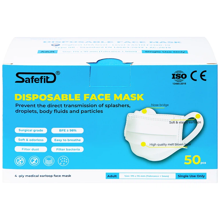 Khẩu trang y tế Safefit màu trắng 4 lớp hỗ trợ ngăn khói, bụi, kháng khuẩn (50 cái)