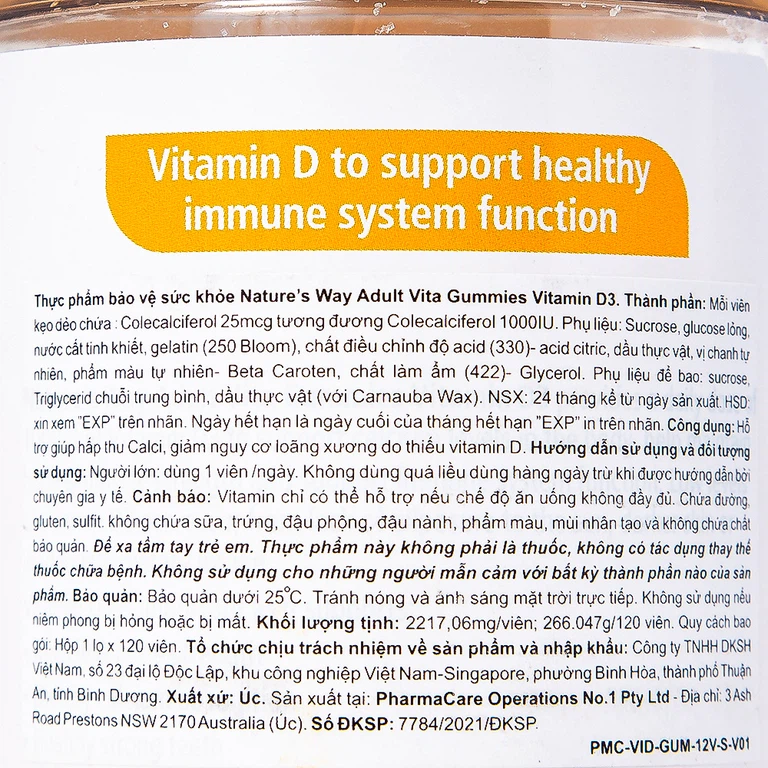 Viên nhai Vita Gummies Vitamin D3 1000IU Nature's Way hỗ trợ giúp hấp thu canxi (120 viên)