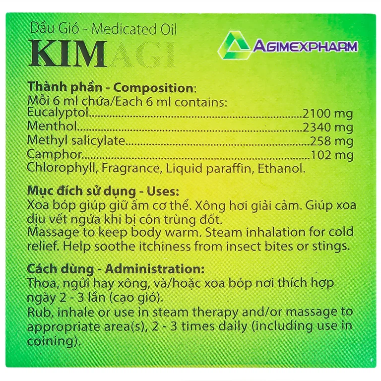 Dầu gió Kimagi Agimexpharm giữ ấm cơ thể, xông hơi giải cảm (10 chai x 6ml)