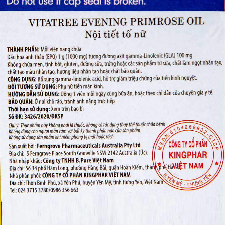 Viên uống Evening Primrose Oil Vitatree hỗ trợ giảm triệu chứng của tiền kinh nguyệt (120 viên)