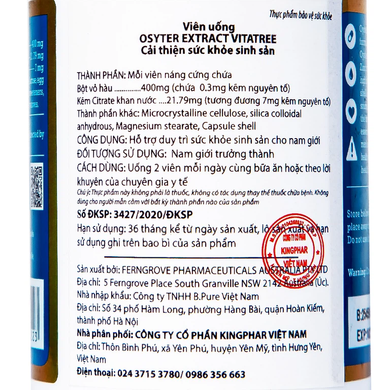 Viên uống Oyster Extract Vitatree hỗ trợ duy trì sức khỏe sinh sản cho nam giới (90 viên)