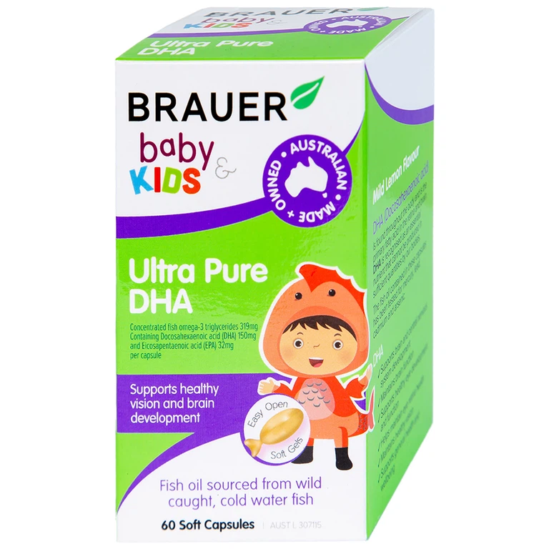 Viên uống Brauer Baby & Kids Ultra Pure DHA hỗ trợ phát triển não bổ, sức khỏe cho mắt (60 viên)