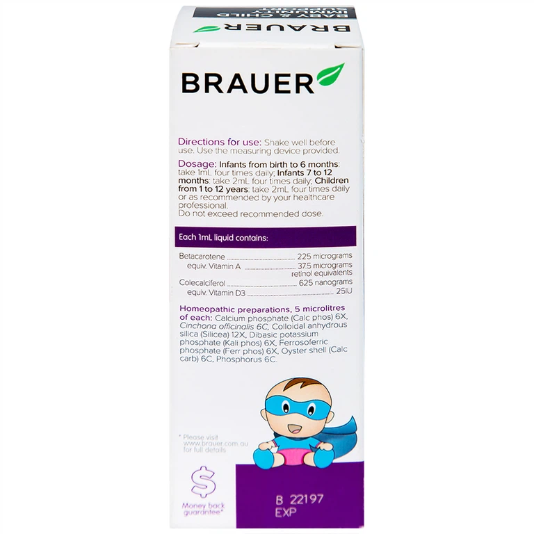 Siro Brauer Baby & Child Immunity Support hỗ trợ bổ sung betacaroten và vitamin D3 cho trẻ (100ml)