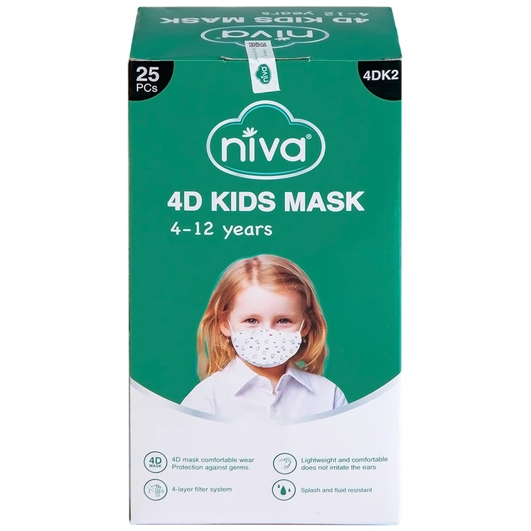 Khẩu trang 4D Kids Niva thoáng khí, ngăn chặn vi khuẩn, giọt bắn (25 cái)