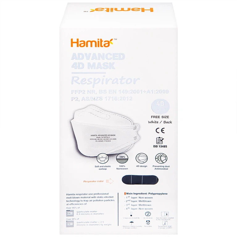 Khẩu trang y tế Hamita Advanced 4D Mask màu đen hỗ trợ ngăn khói, bụi, kháng khuẩn (5 cái)