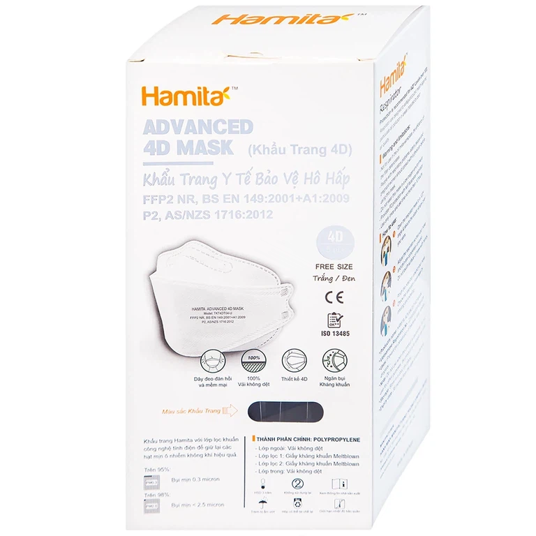 Khẩu trang y tế Hamita Advanced 4D Mask màu đen hỗ trợ ngăn khói, bụi, kháng khuẩn (5 cái)