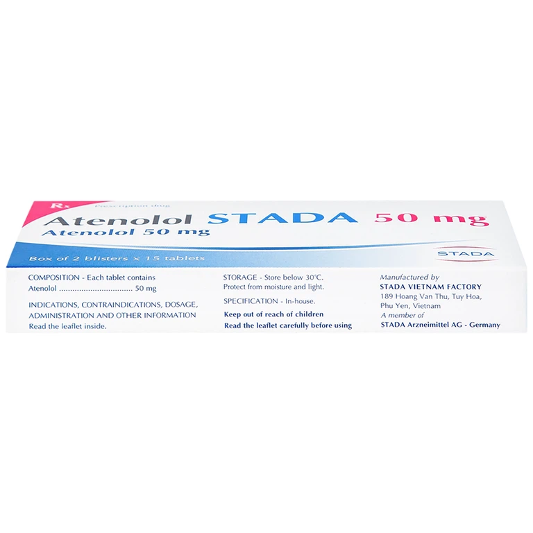 Thuốc Atenolol Stada 50mg điều trị tăng huyết áp, đau thắt ngực (2 vỉ x 15 viên)