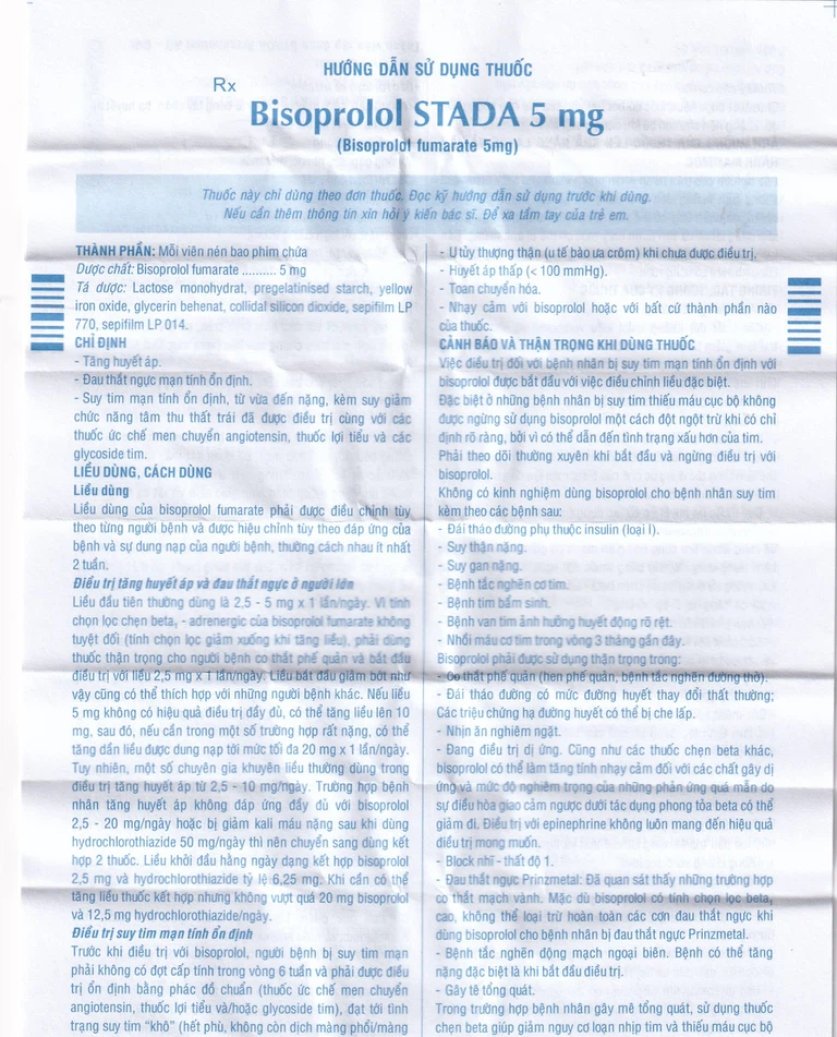 Thuốc Bisoprolol Stada 5mg điều trị tăng huyết áp, đau thắt ngực mạn tính ổn định (3 vỉ x 10 viên)