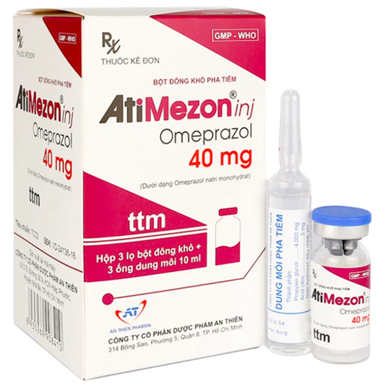 Bột pha tiêm Atimezon inj Omeprazole 40mg An Thiên điều trị chứng tăng tiết acid dạ dày (3 lọ bột đông khô + 3 ống dung môi 10 ml)