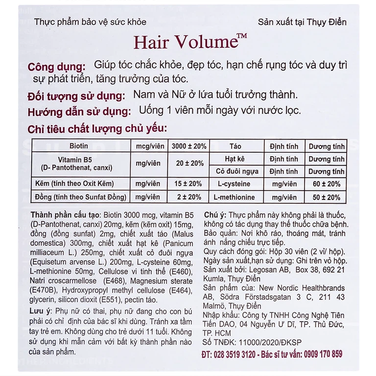 Viên uống Hair Volume New Nordic giúp tóc chắc khỏe, đẹp tóc, hạn chế rụng tóc (30 viên)
