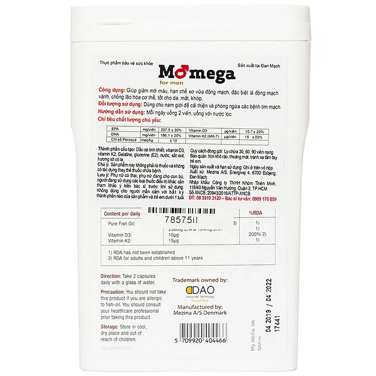 Viên uống Momega For Men Omega giúp ngăn ngừa đột quỵ não, giảm mỡ máu (90 viên)