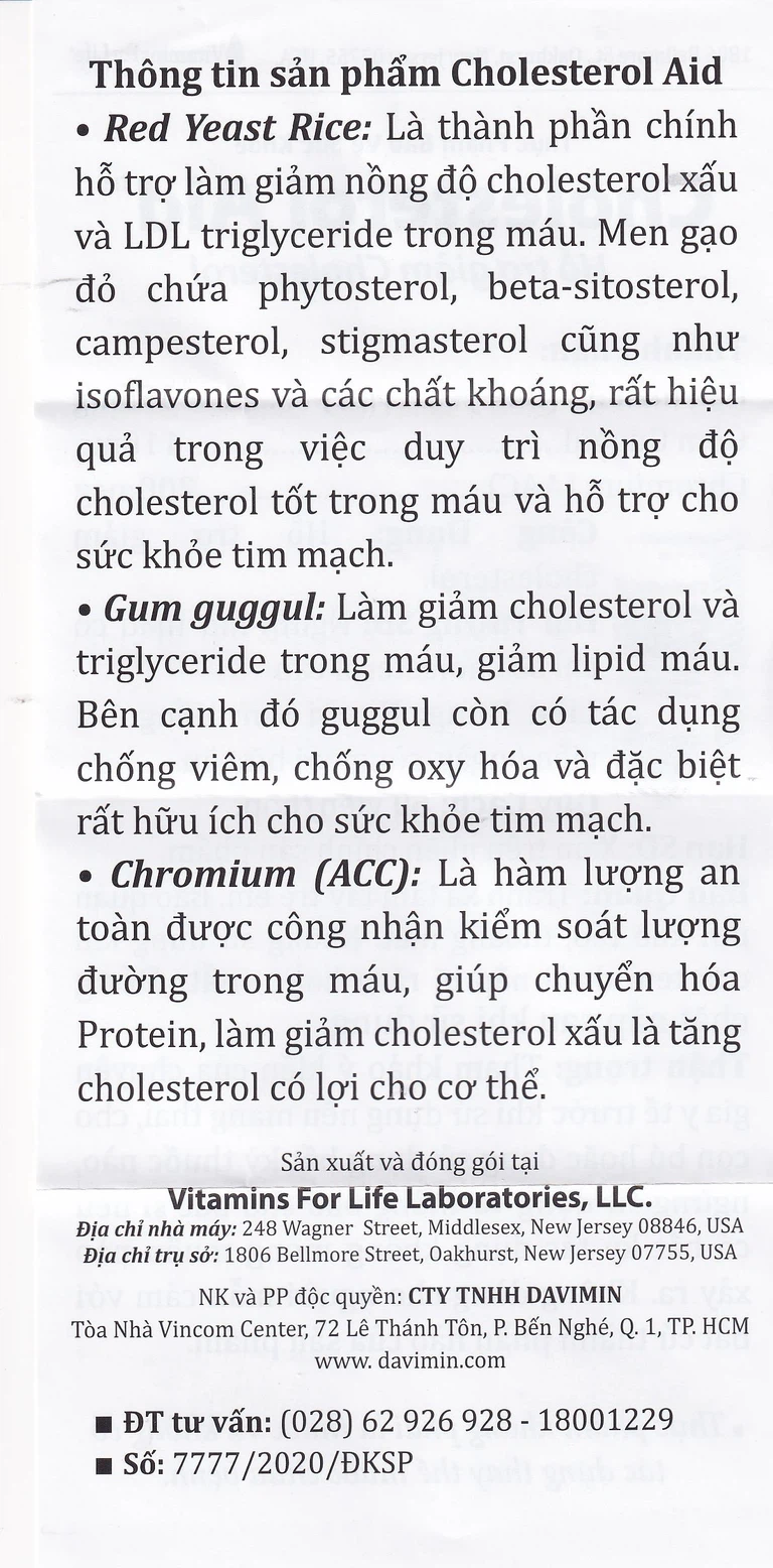 Viên uống Cholesterol Aid Vitamins For Life hỗ trợ giảm cholesterol (60 viên)
