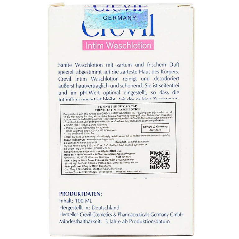 Dung dịch vệ sinh phụ nữ Crevil Intim Waschlotion diệt khuẩn, kháng viêm (100ml)