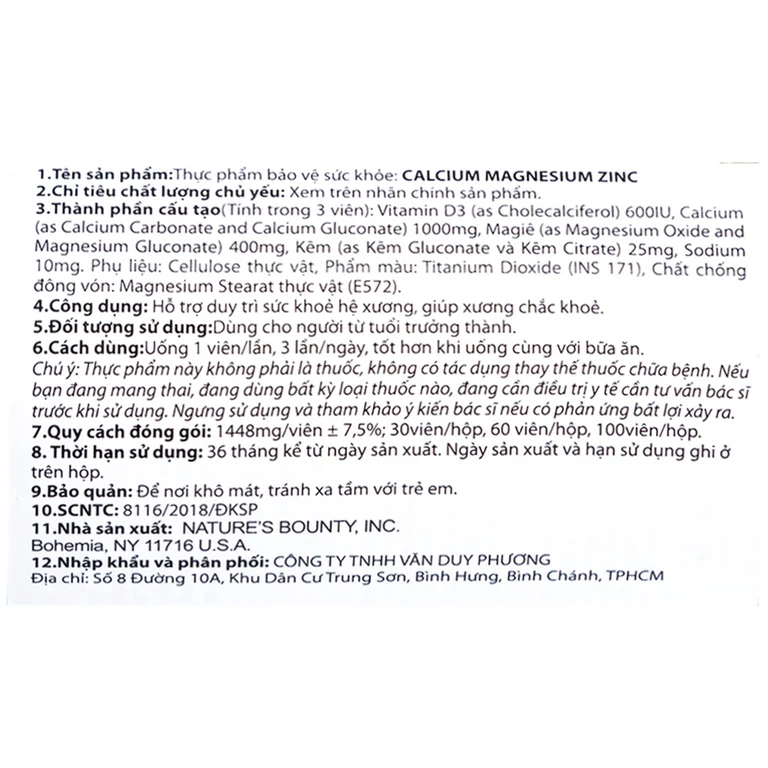 Viên uống Calcium Magnesium Zinc Nature's Bounty hỗ trợ duy trì sức khoẻ hệ xương (100 viên)