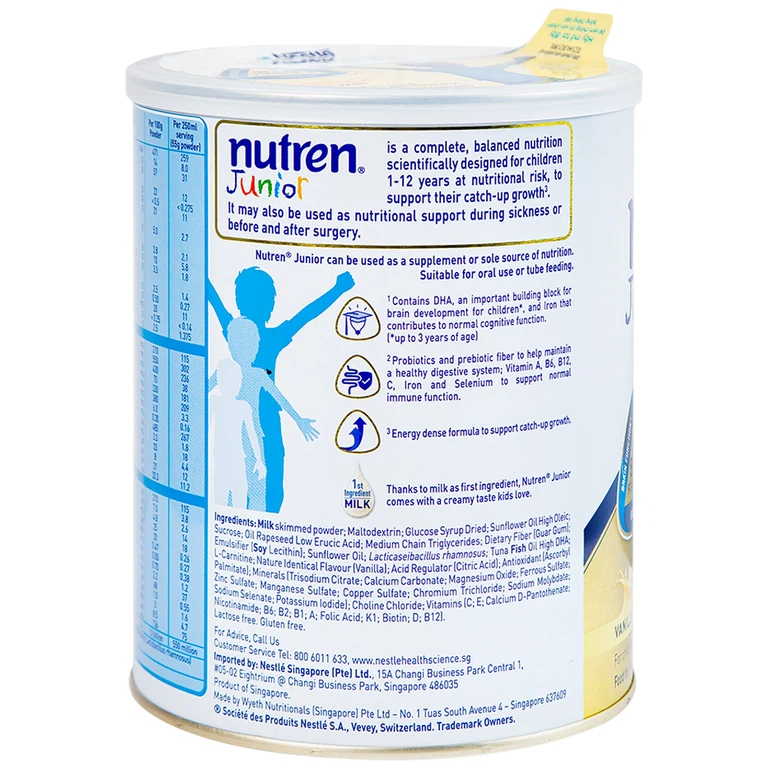 Sữa bột Nutren Junior Nestlé hỗ trợ hệ tiêu hóa cho trẻ từ 1 đến 12 tuổi (850g)